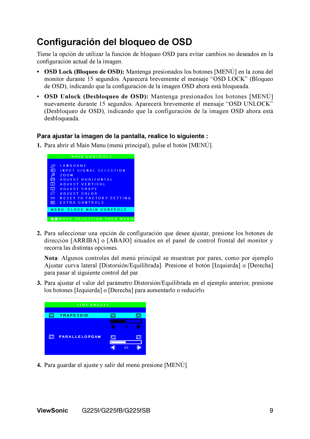 ViewSonic VS11135 manual Conﬁguración del bloqueo de OSD, Para ajustar la imagen de la pantalla, realice lo siguiente 