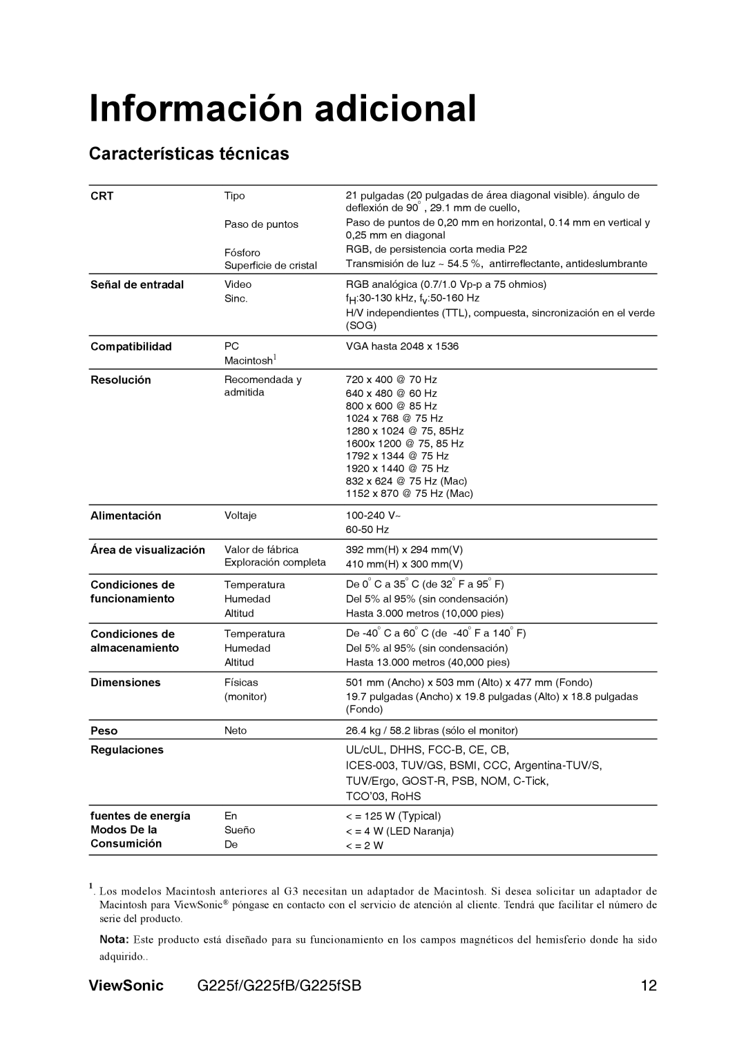 ViewSonic VS11135 manual Información adicional, Características técnicas 