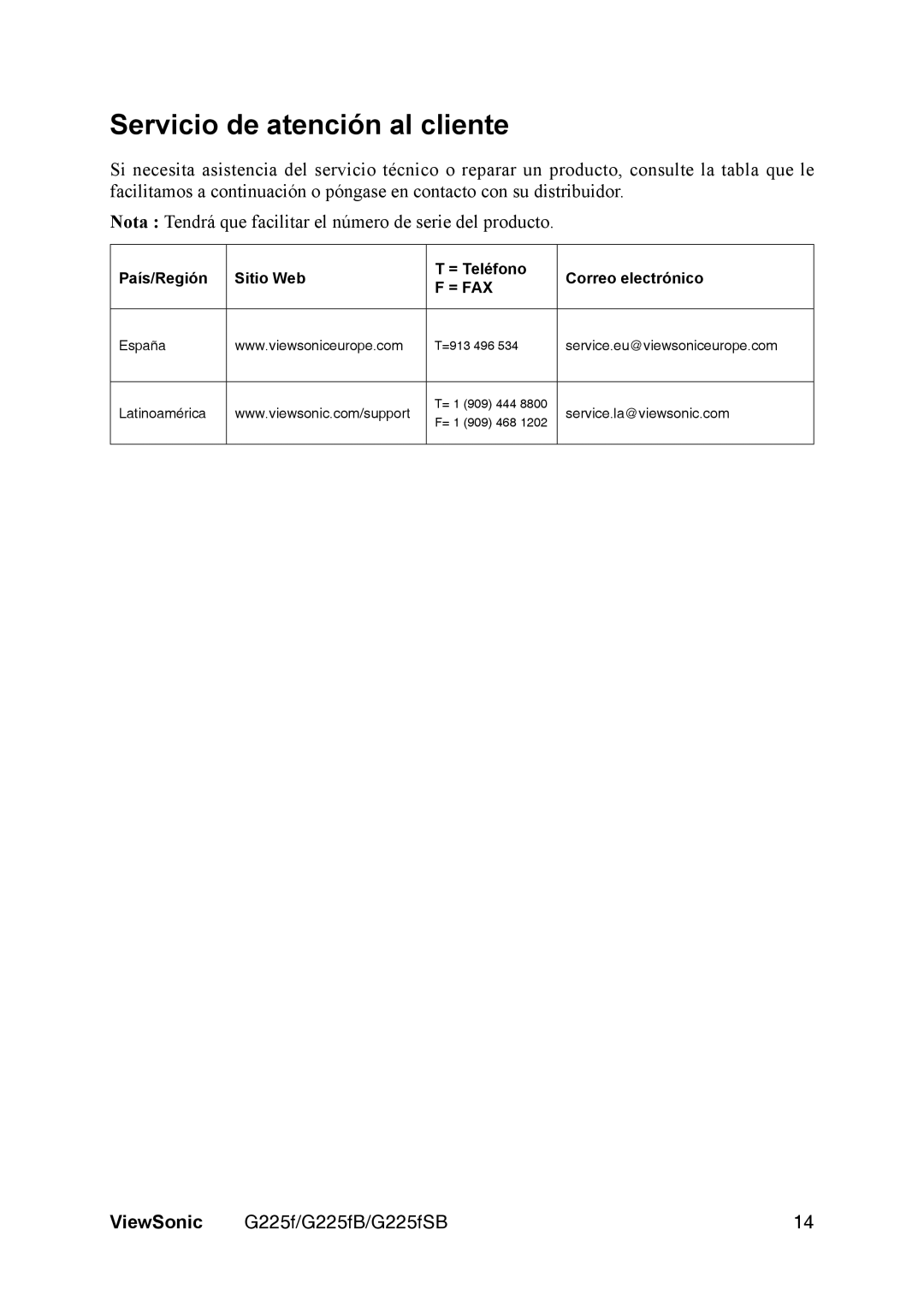 ViewSonic VS11135 manual Servicio de atención al cliente, = Fax 