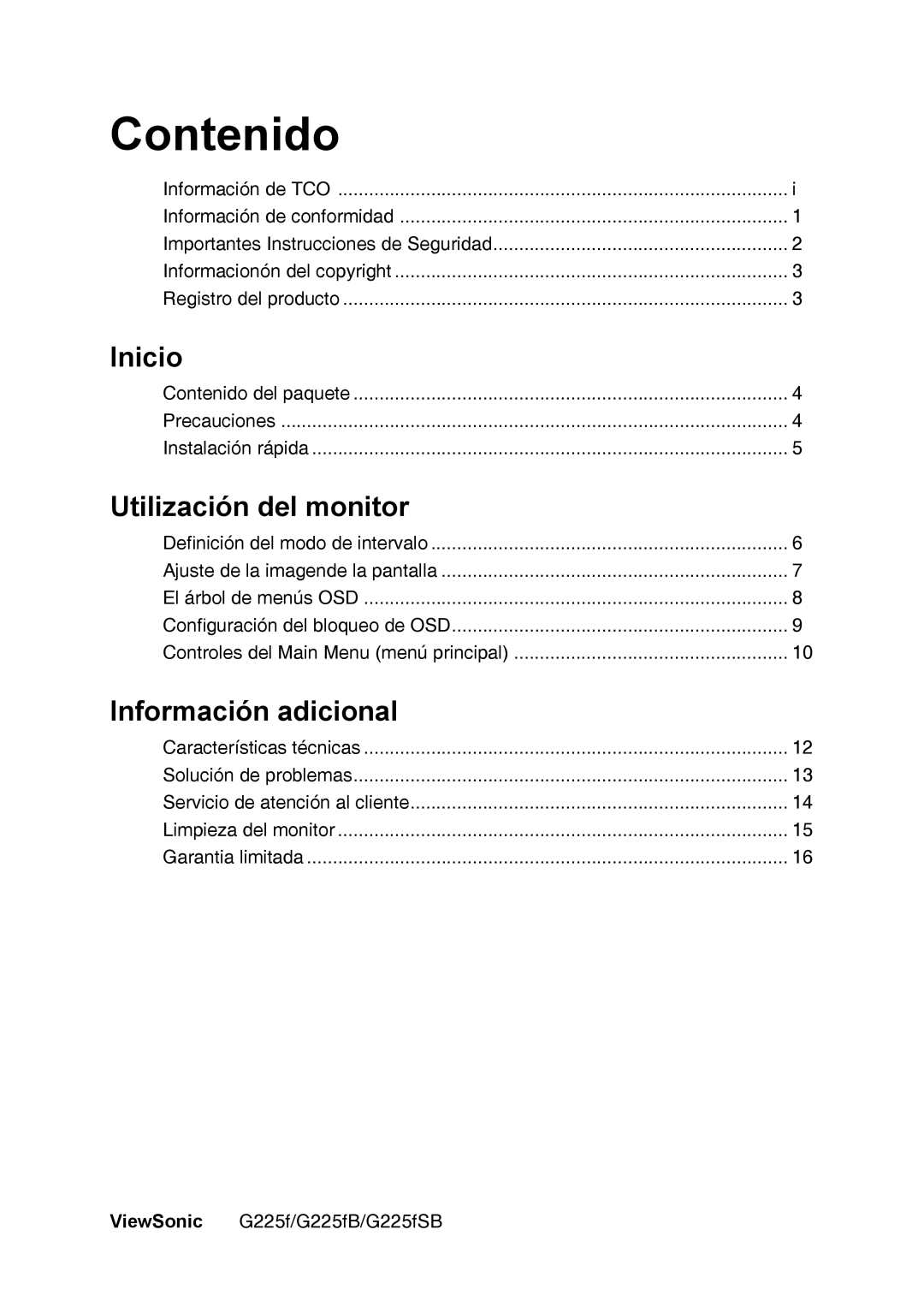 ViewSonic VS11135 manual Contenido, Inicio, Utilización del monitor, Información adicional 