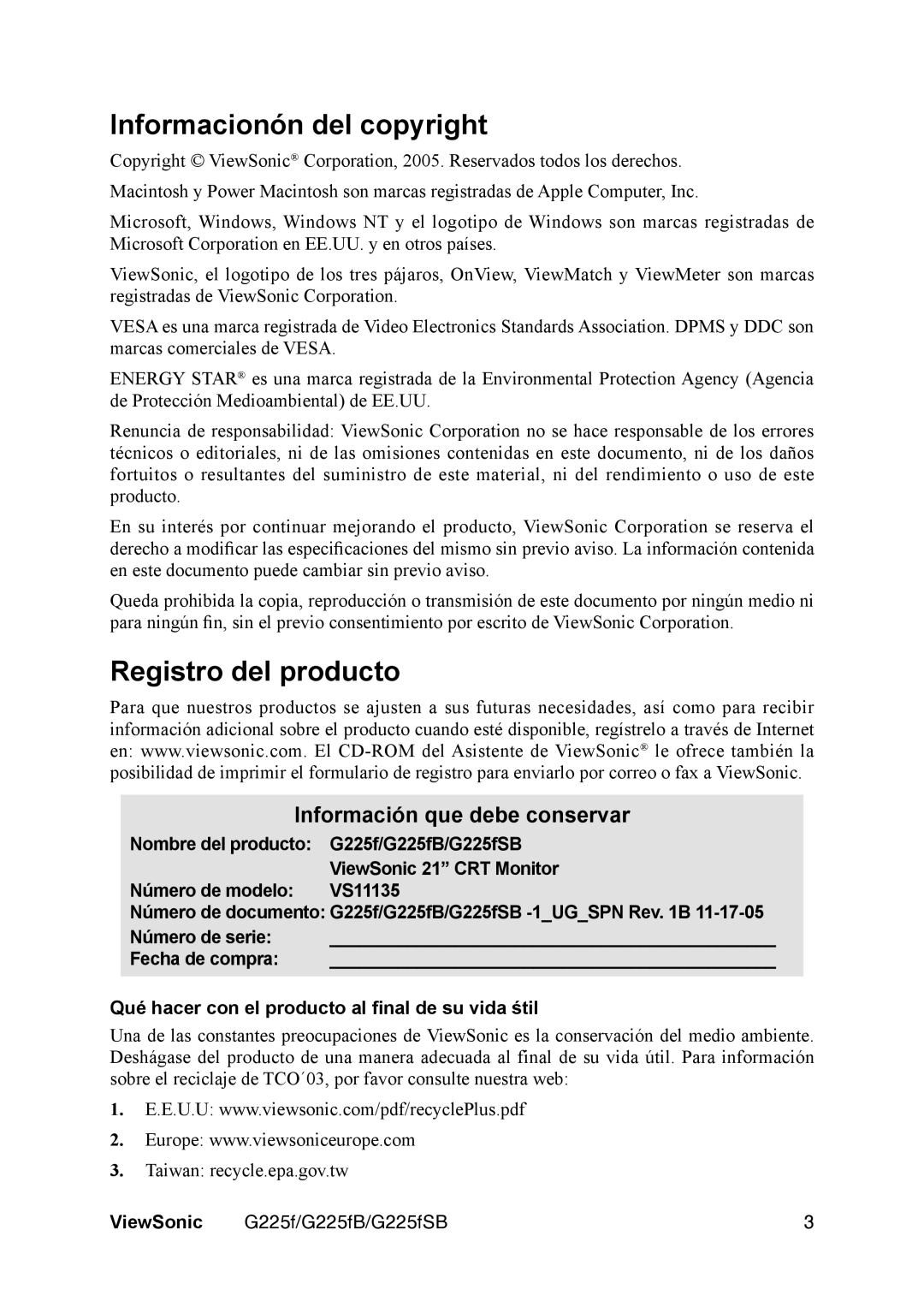 ViewSonic VS11135 manual Informacionón del copyright, Registro del producto, Nombre del producto G225f/G225fB/G225fSB 