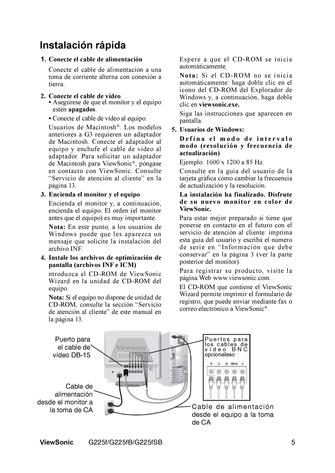 ViewSonic VS11135 Instalación rápida, Conecte el cable de alimentación, Conecte el cable de vídeo, Clic en viewsonic.exe 