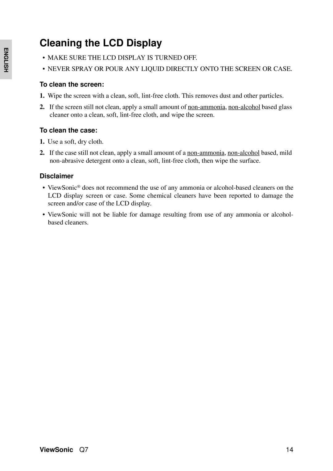 ViewSonic VS11147 manual Cleaning the LCD Display, To clean the screen, To clean the case, Disclaimer 