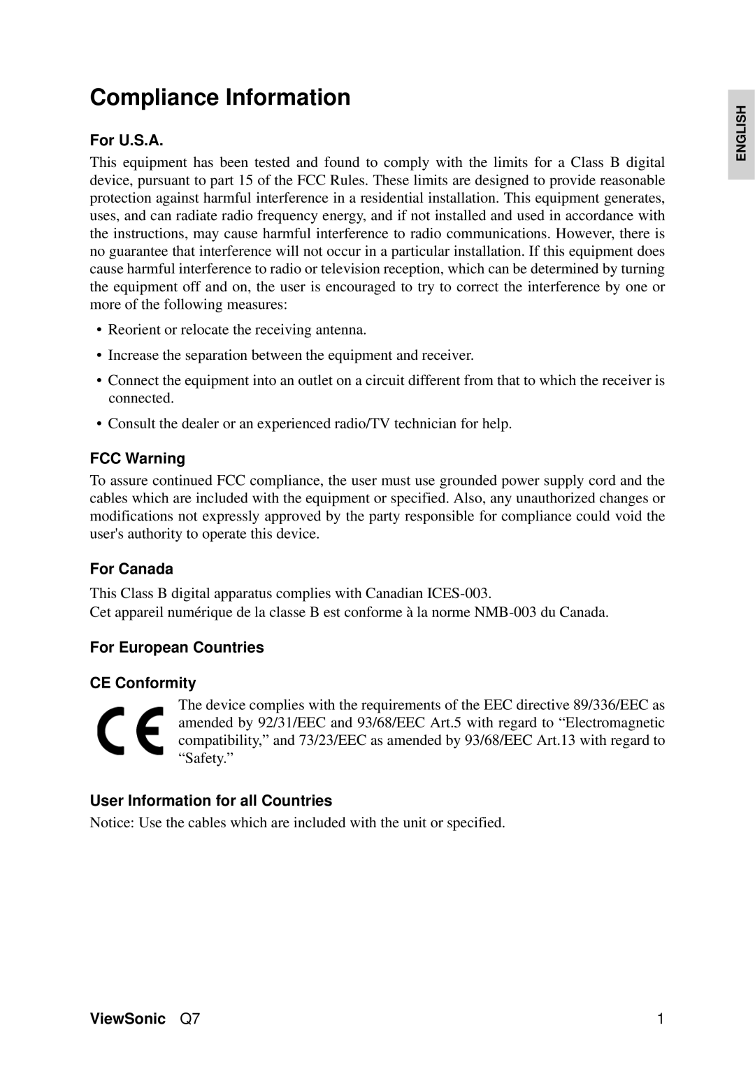 ViewSonic VS11147 manual Compliance Information 