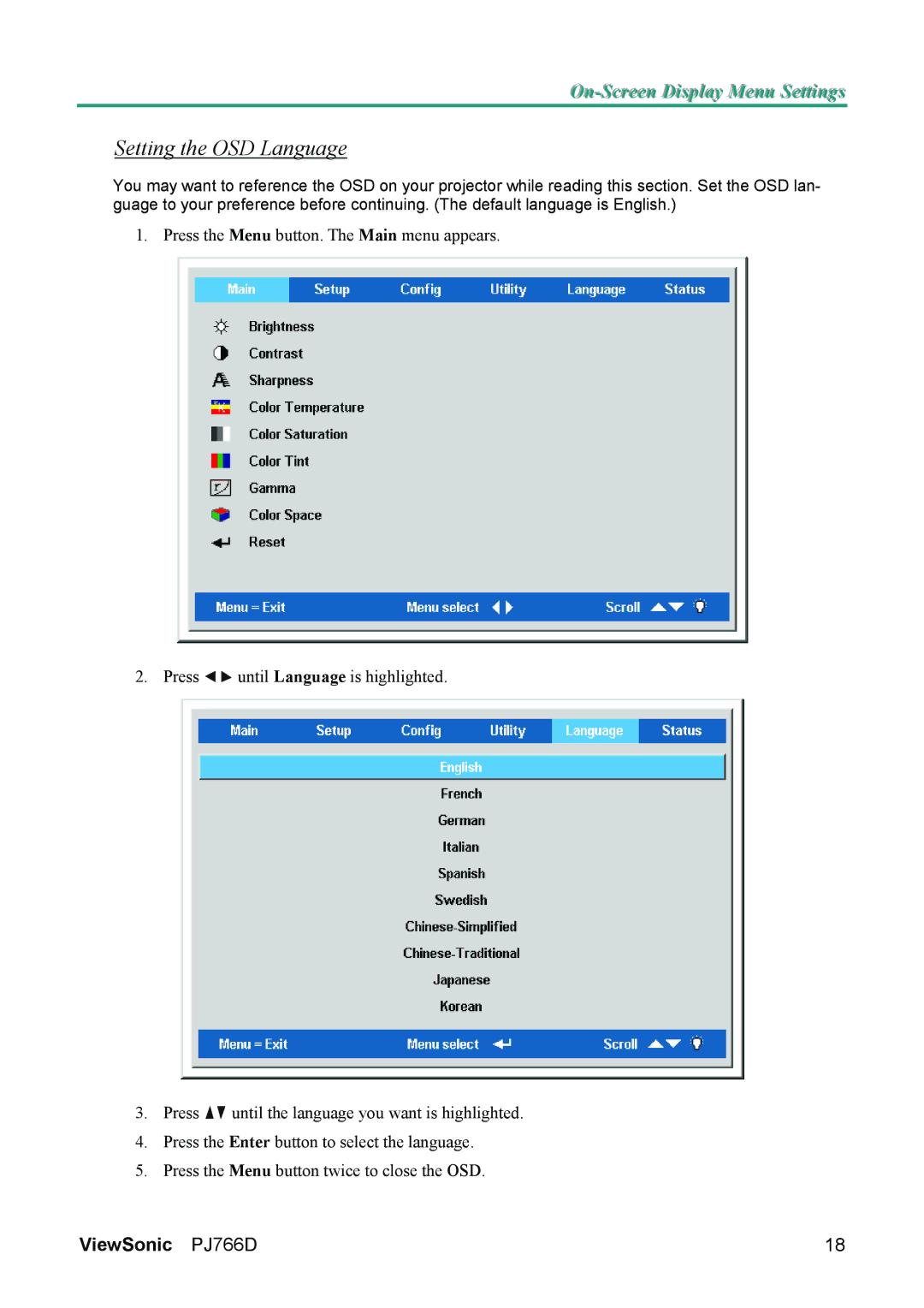 ViewSonic VS11200 manual Setting the OSD Language 