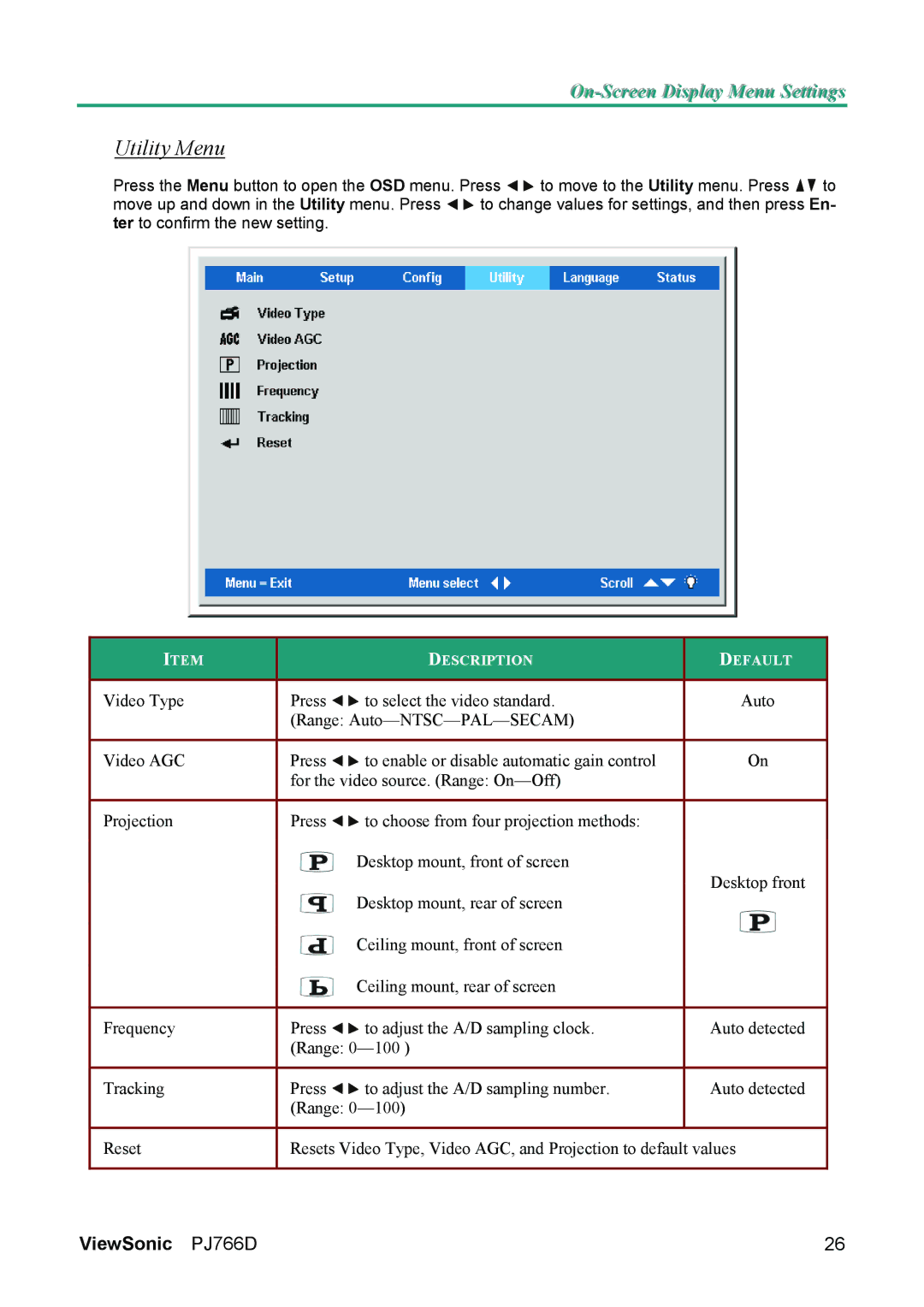 ViewSonic VS11200 manual Utility Menu 