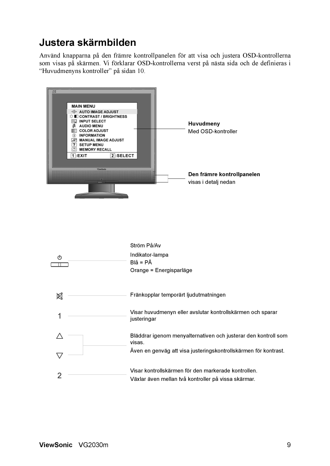 ViewSonic VS11234 manual Justera skärmbilden, Den främre kontrollpanelen 