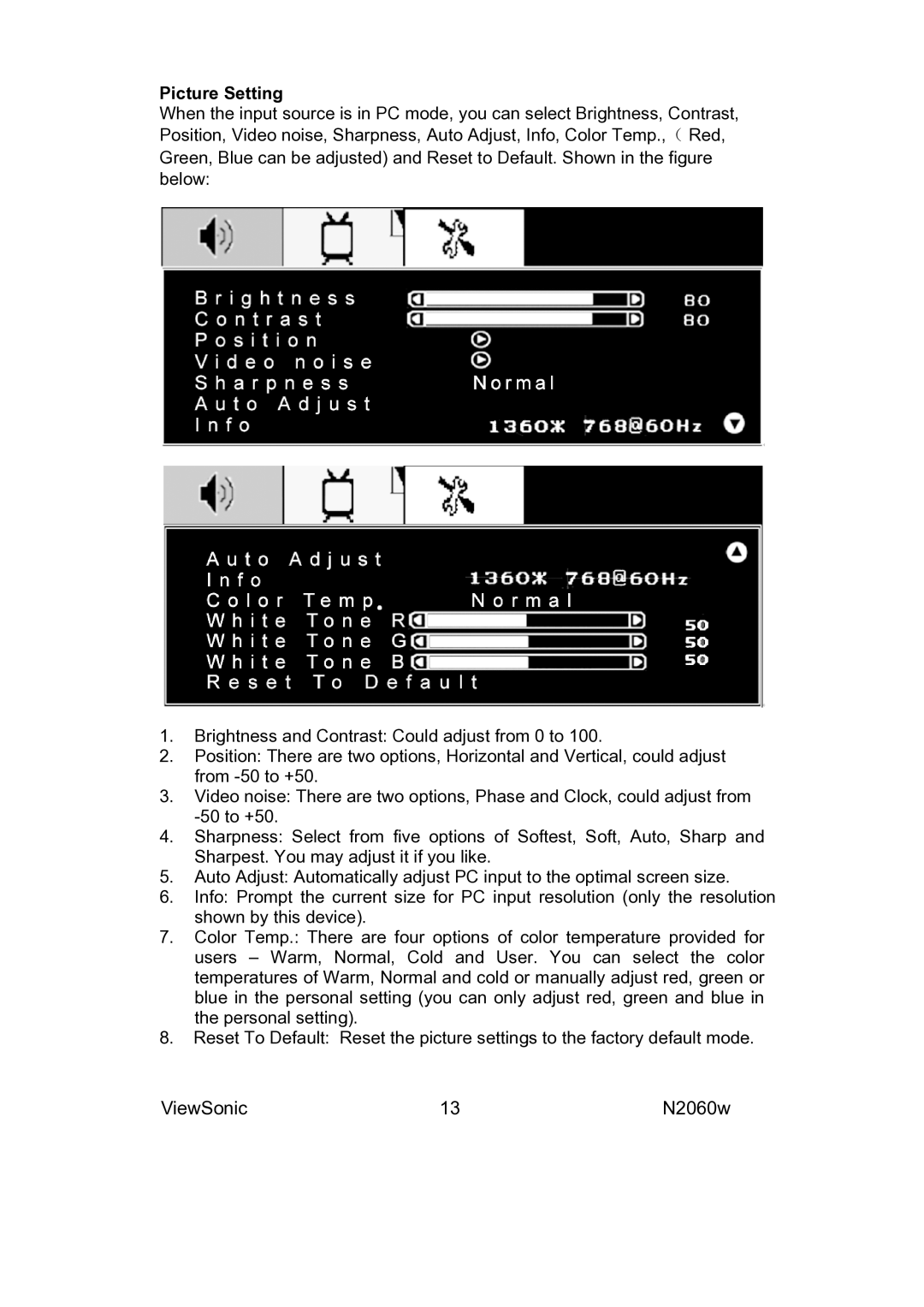 ViewSonic VS11287-1M manual Picture Setting 