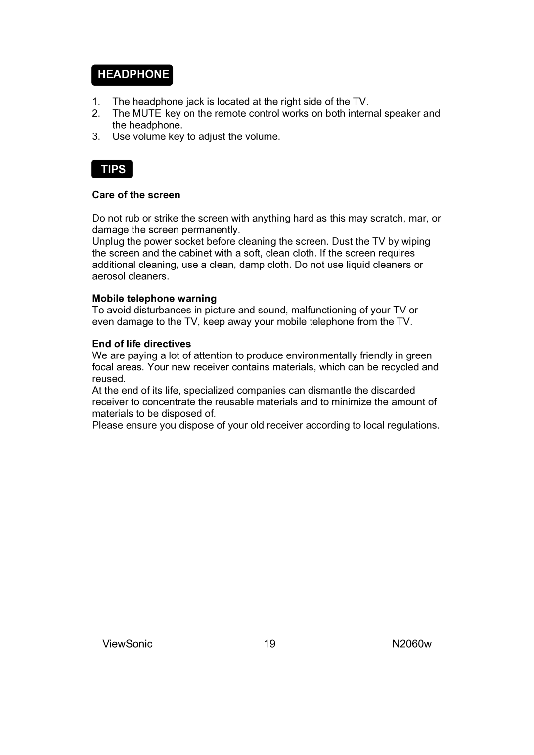 ViewSonic VS11287-1M manual Care of the screen, Mobile telephone warning, End of life directives 