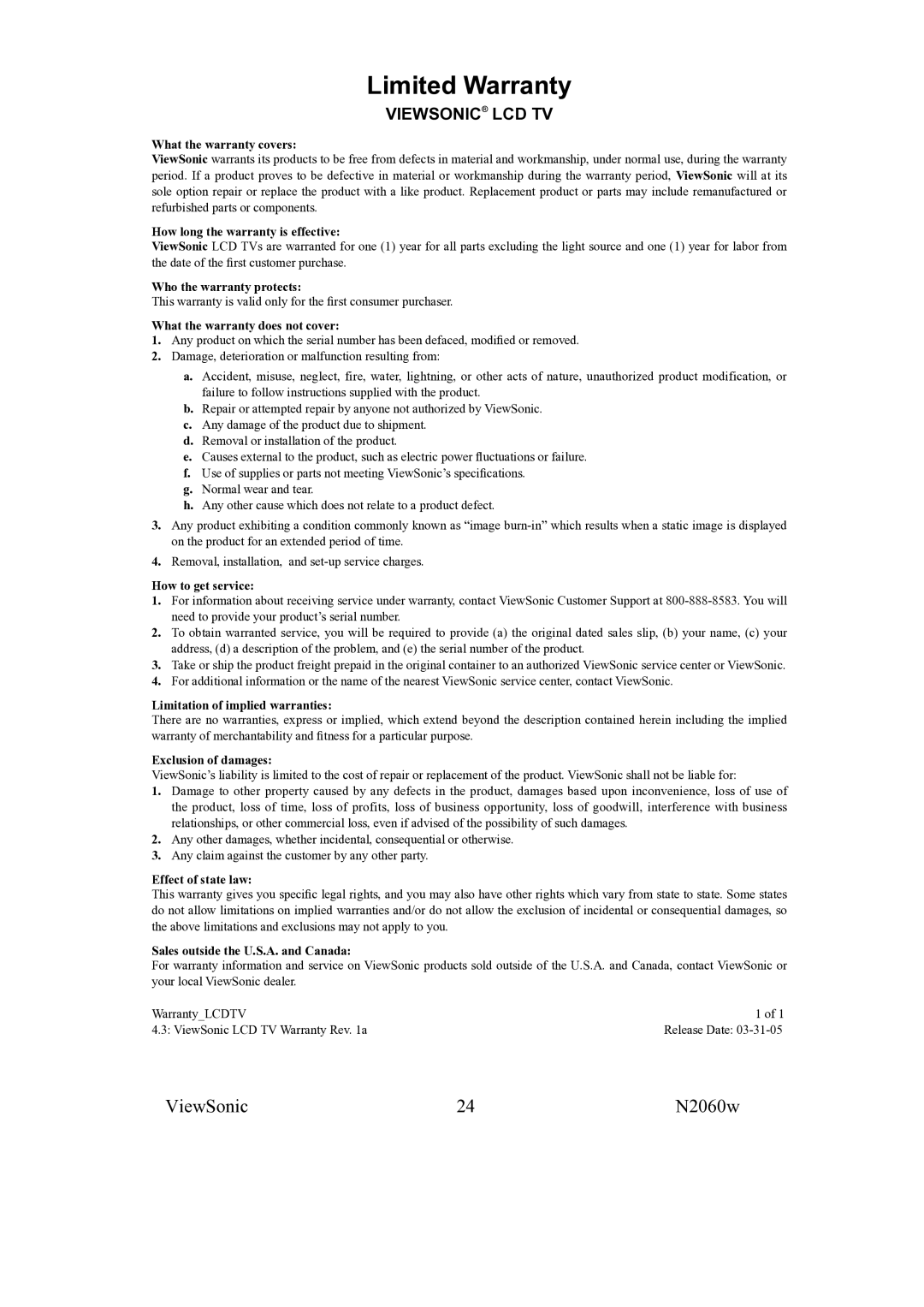 ViewSonic VS11287-1M manual Limited Warranty, Viewsonic LCD TV 
