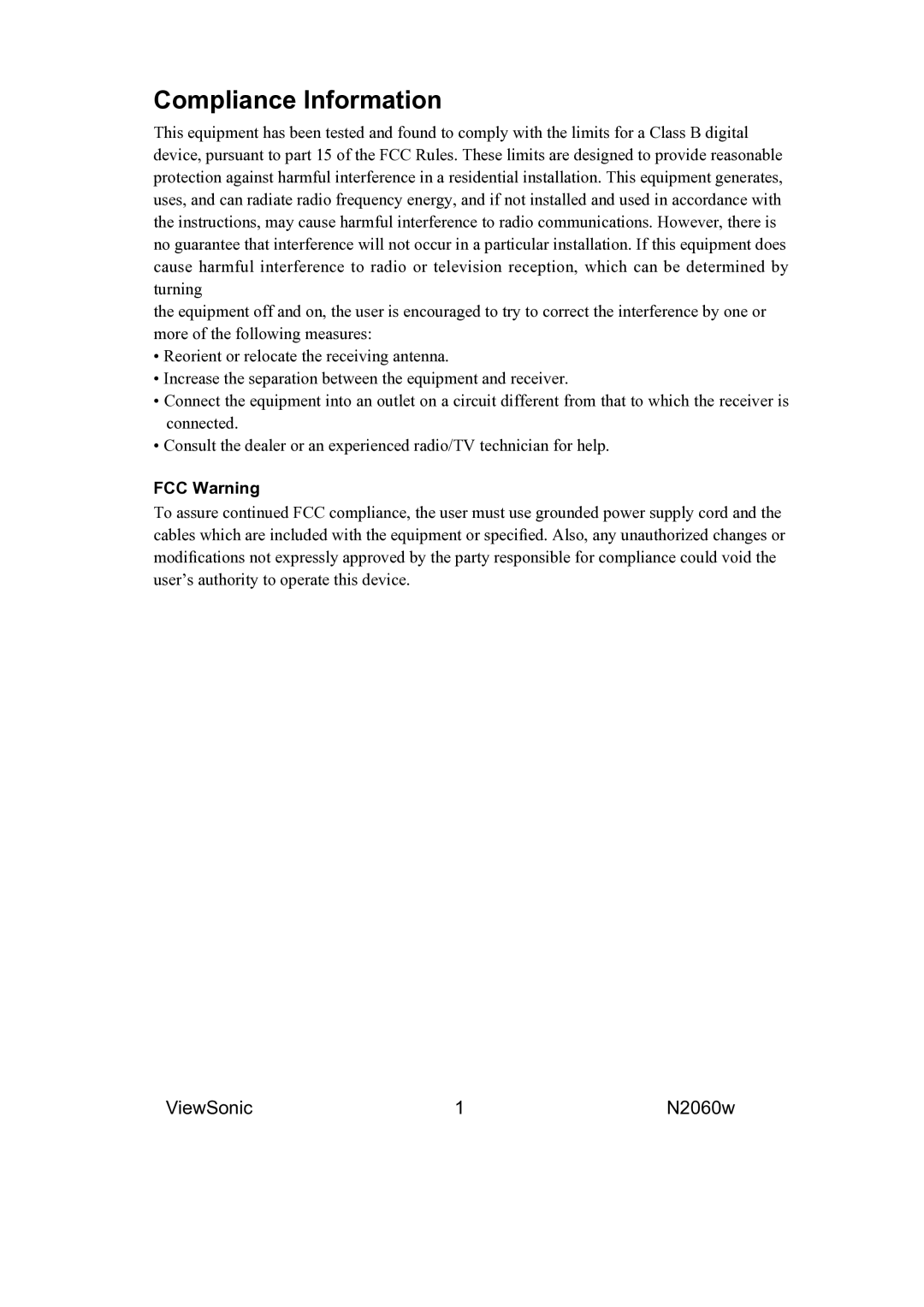 ViewSonic VS11287-1M manual Compliance Information, FCC Warning 