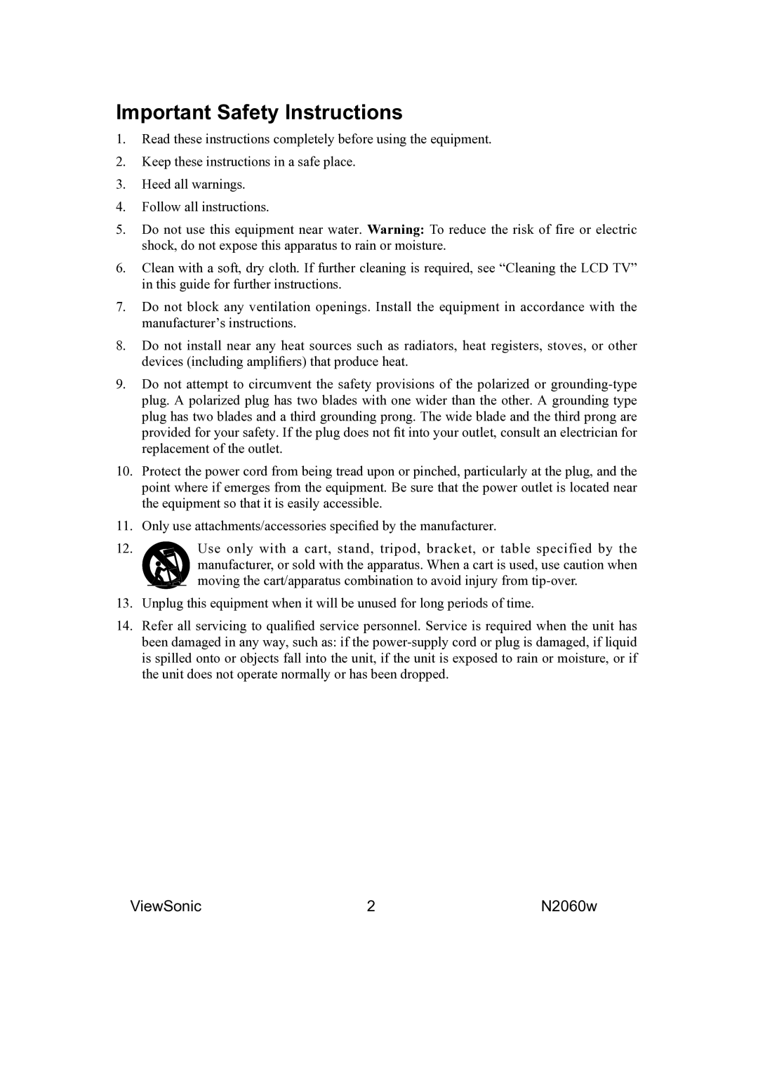 ViewSonic VS11287-1M manual Important Safety Instructions 