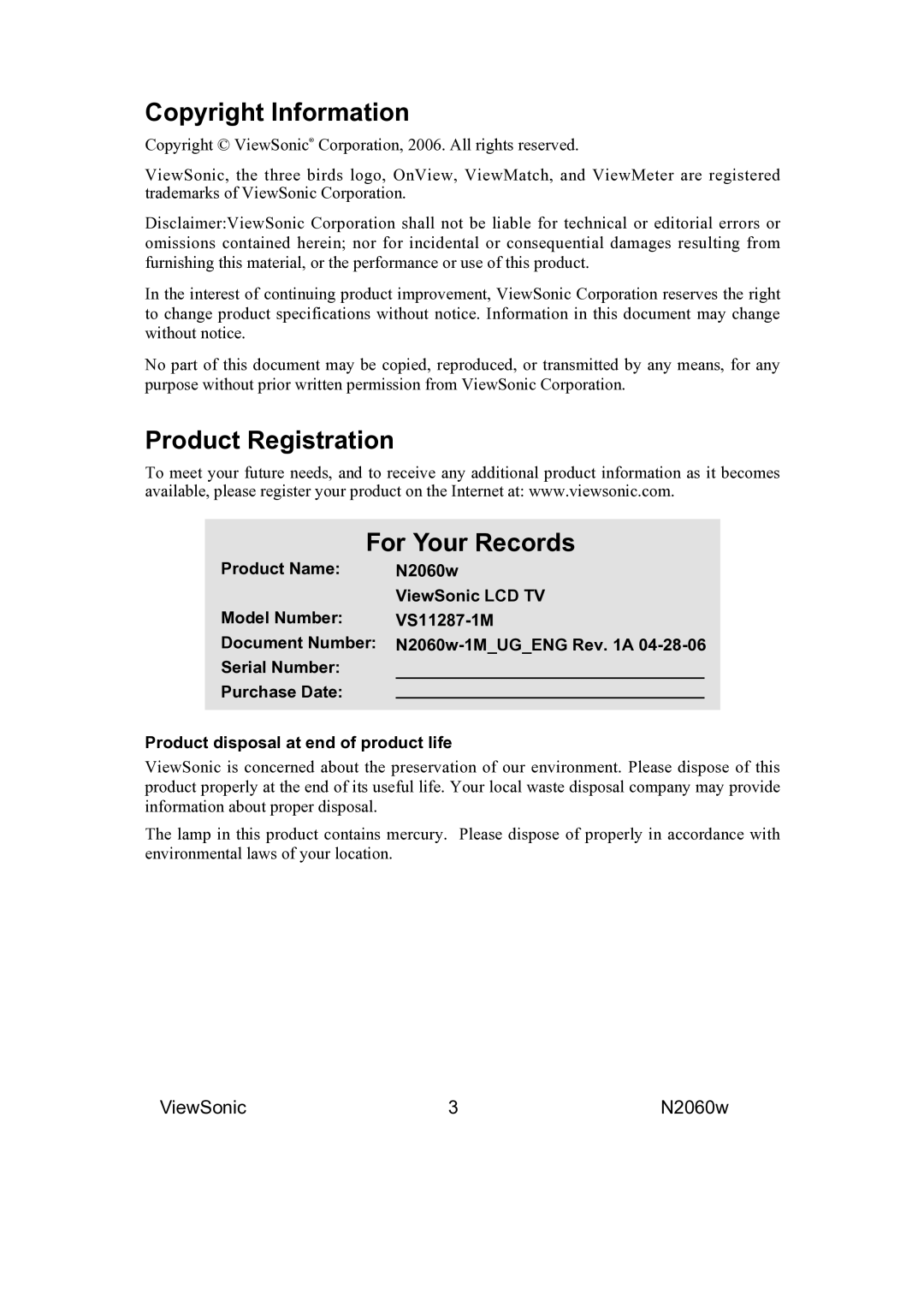 ViewSonic VS11287-1M manual Copyright Information, Product Registration For Your Records 