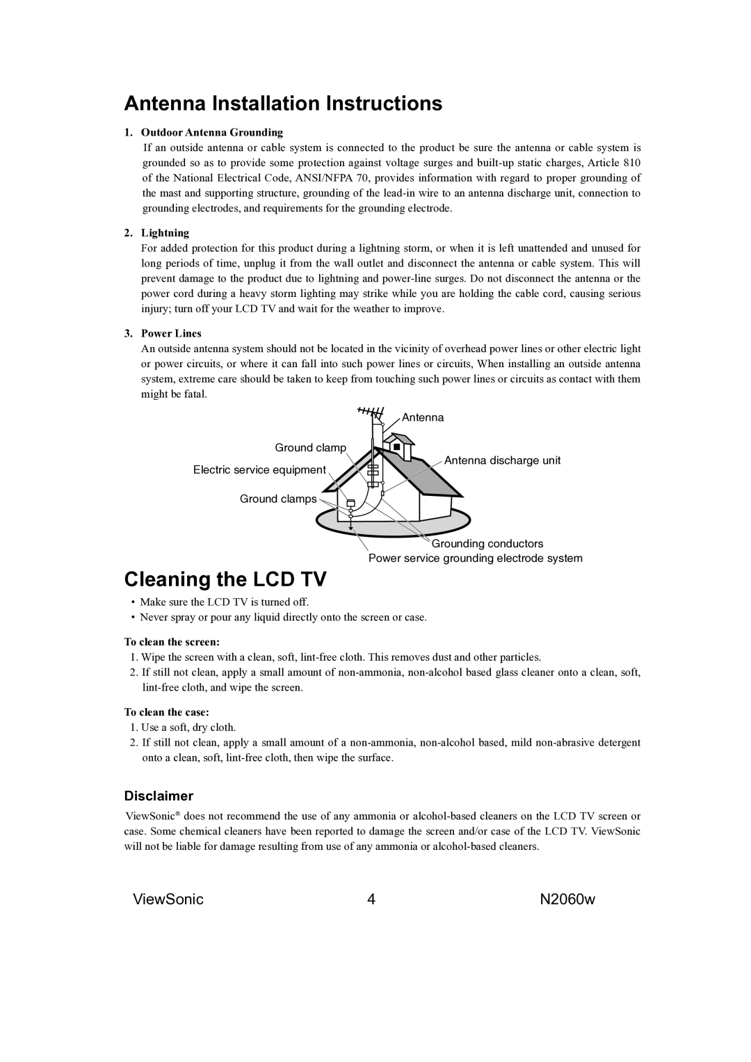 ViewSonic VS11287-1M manual Antenna Installation Instructions, Cleaning the LCD TV 