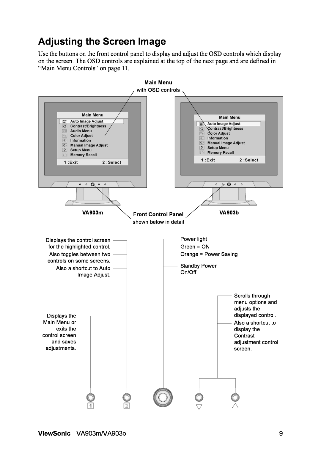 ViewSonic VS11305 warranty Adjusting the Screen Image, Main Menu, VA903m, Front Control Panel, VA903b 