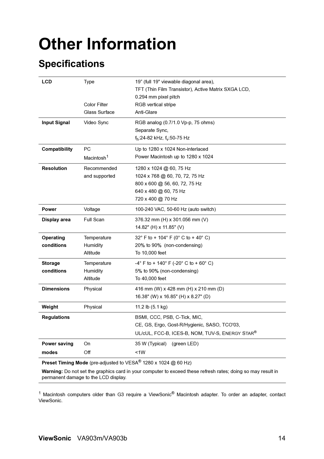 ViewSonic VS11305 warranty Other Information, Specifications 