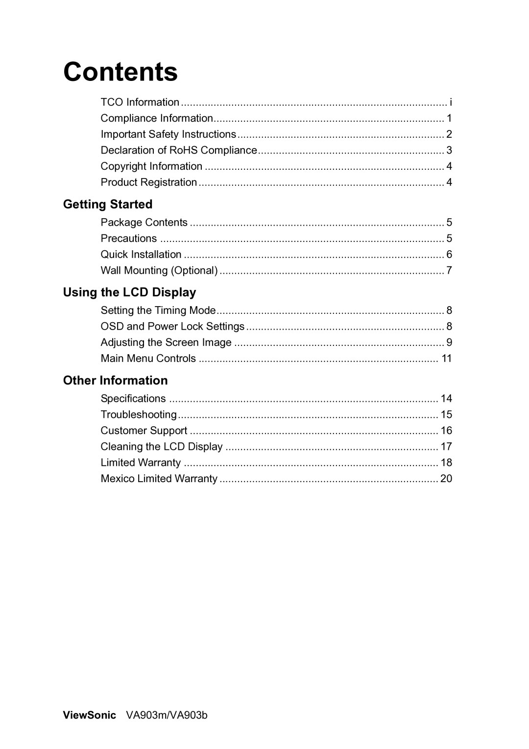 ViewSonic VS11305 warranty Contents 