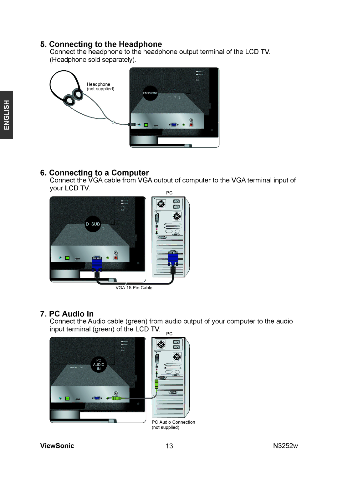 ViewSonic VS11335-1M manual Connecting to the Headphone, Connecting to a Computer, PC Audio 