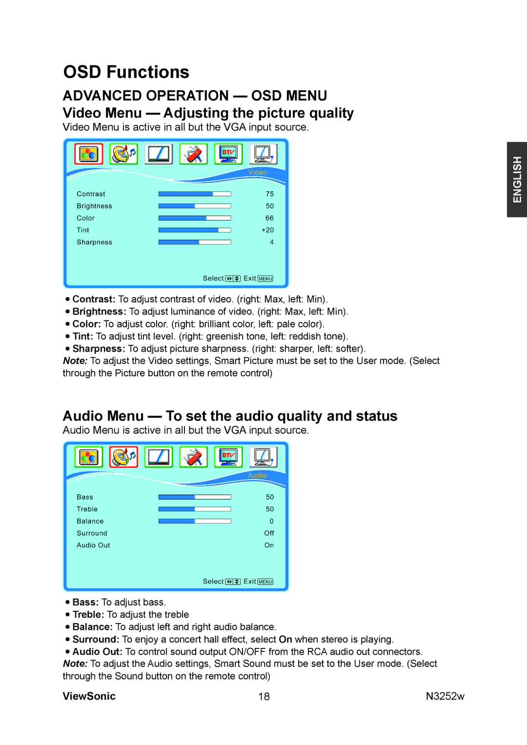 ViewSonic VS11335-1M manual Video Menu Adjusting the picture quality, Audio Menu To set the audio quality and status 