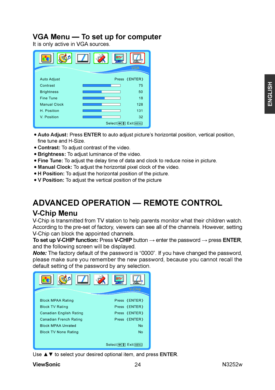 ViewSonic VS11335-1M manual VGA Menu To set up for computer, Chip Menu 