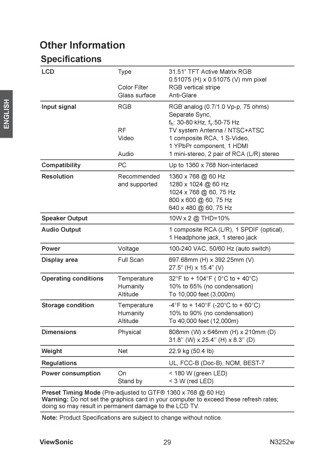 ViewSonic VS11335-1M manual Speciﬁcations, Lcd 