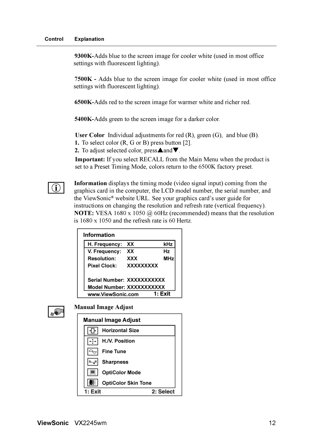 ViewSonic VS11349 manual Manual Image Adjust 