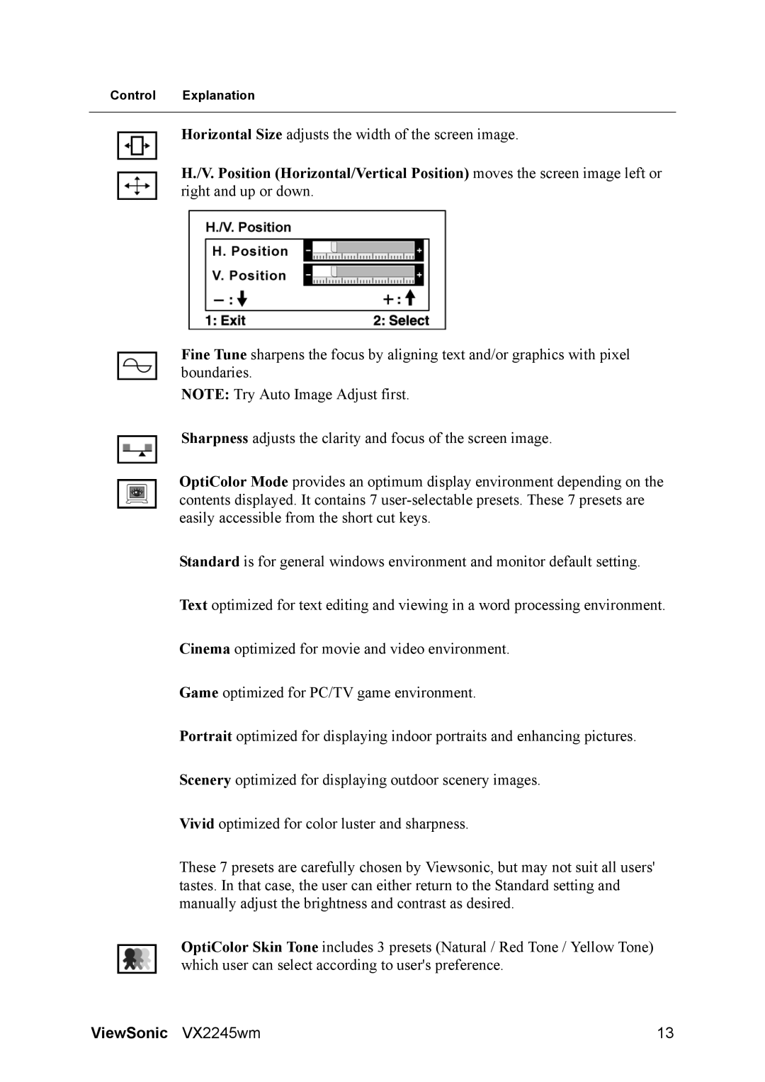 ViewSonic VS11349 manual Horizontal Size adjusts the width of the screen image 