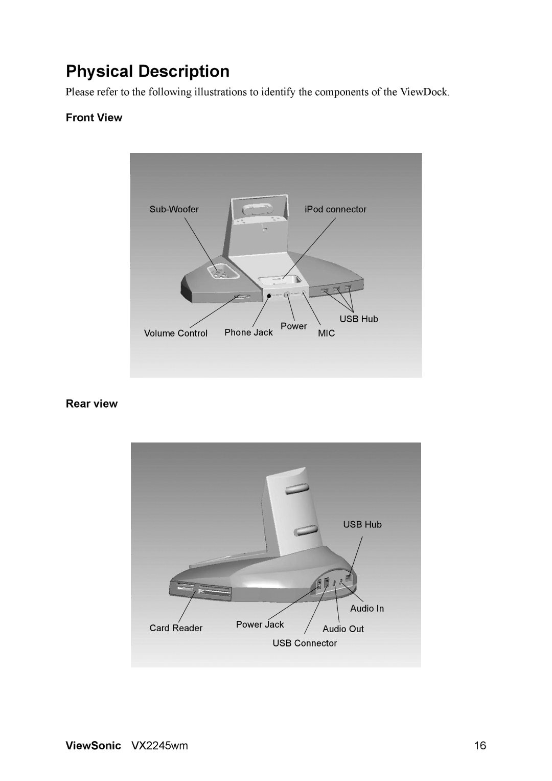 ViewSonic VS11349 manual Physical Description, Front View, Rear view 