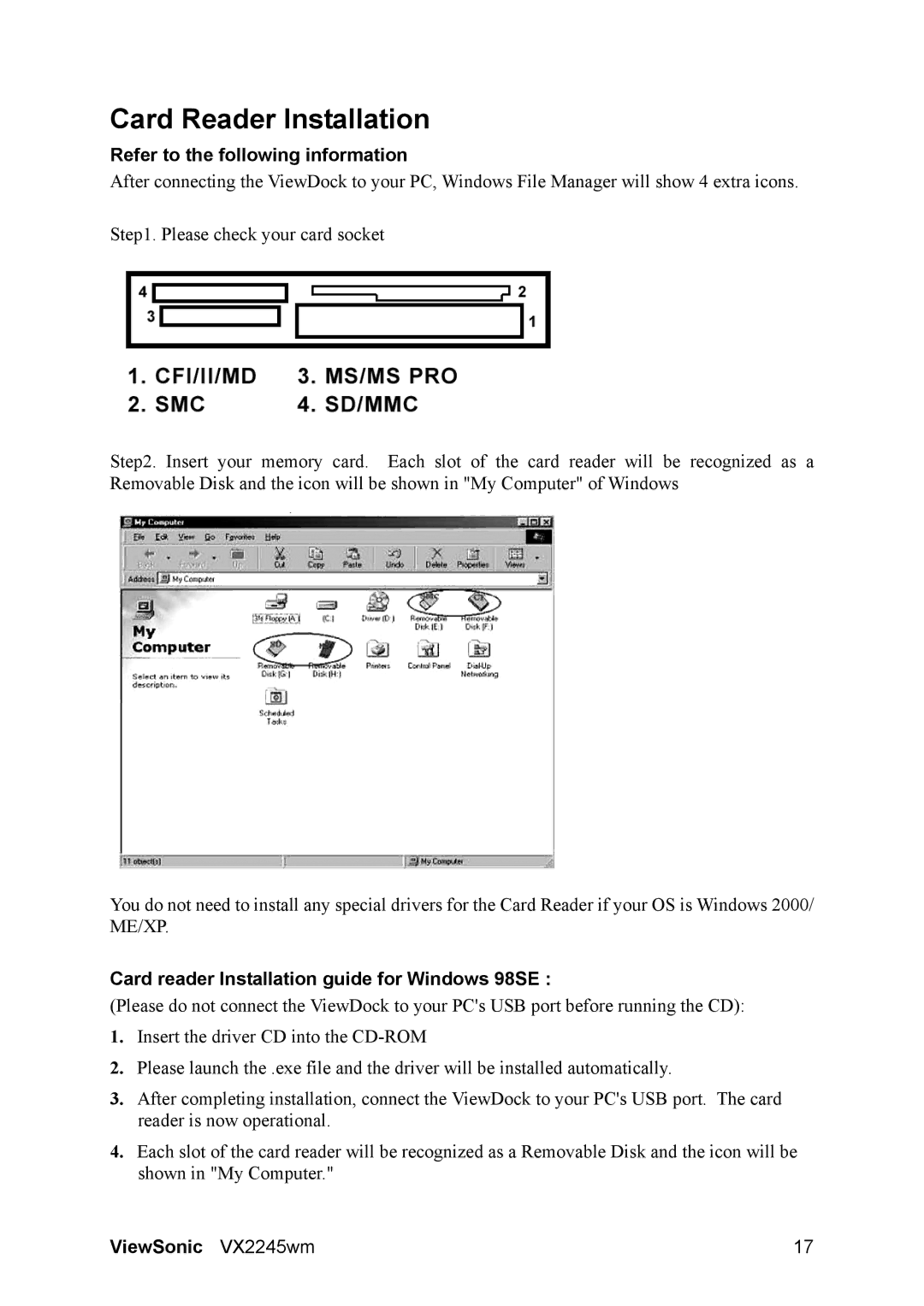 ViewSonic VS11349 manual Card Reader Installation, Refer to the following information 