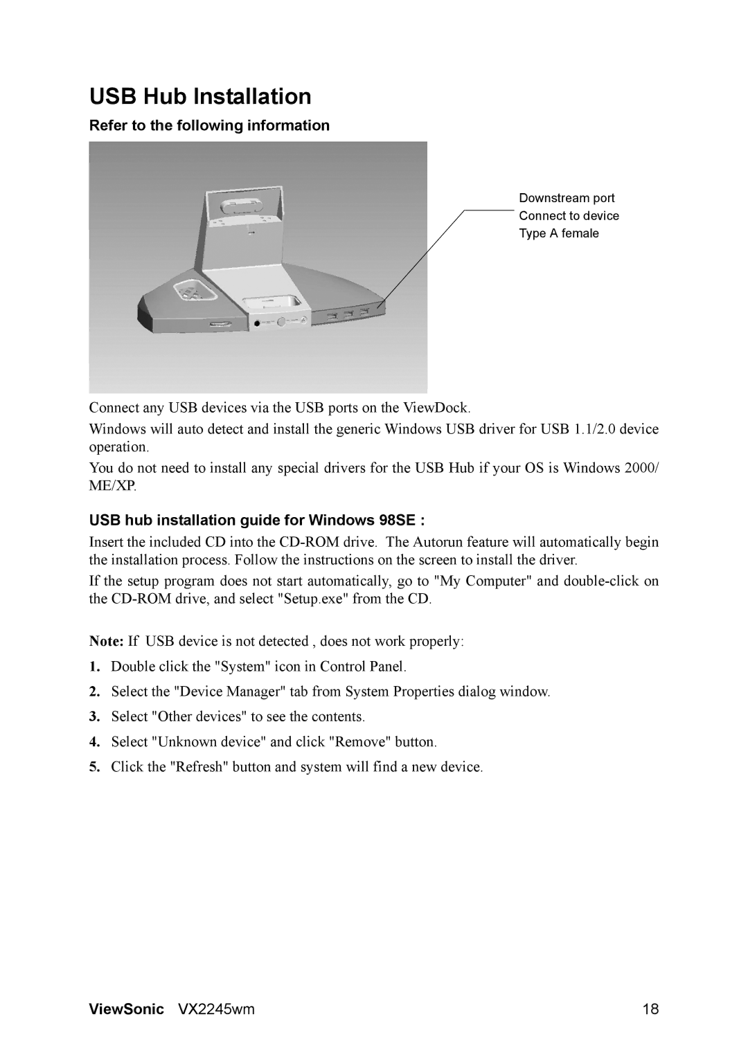 ViewSonic VS11349 manual USB Hub Installation, USB hub installation guide for Windows 98SE 