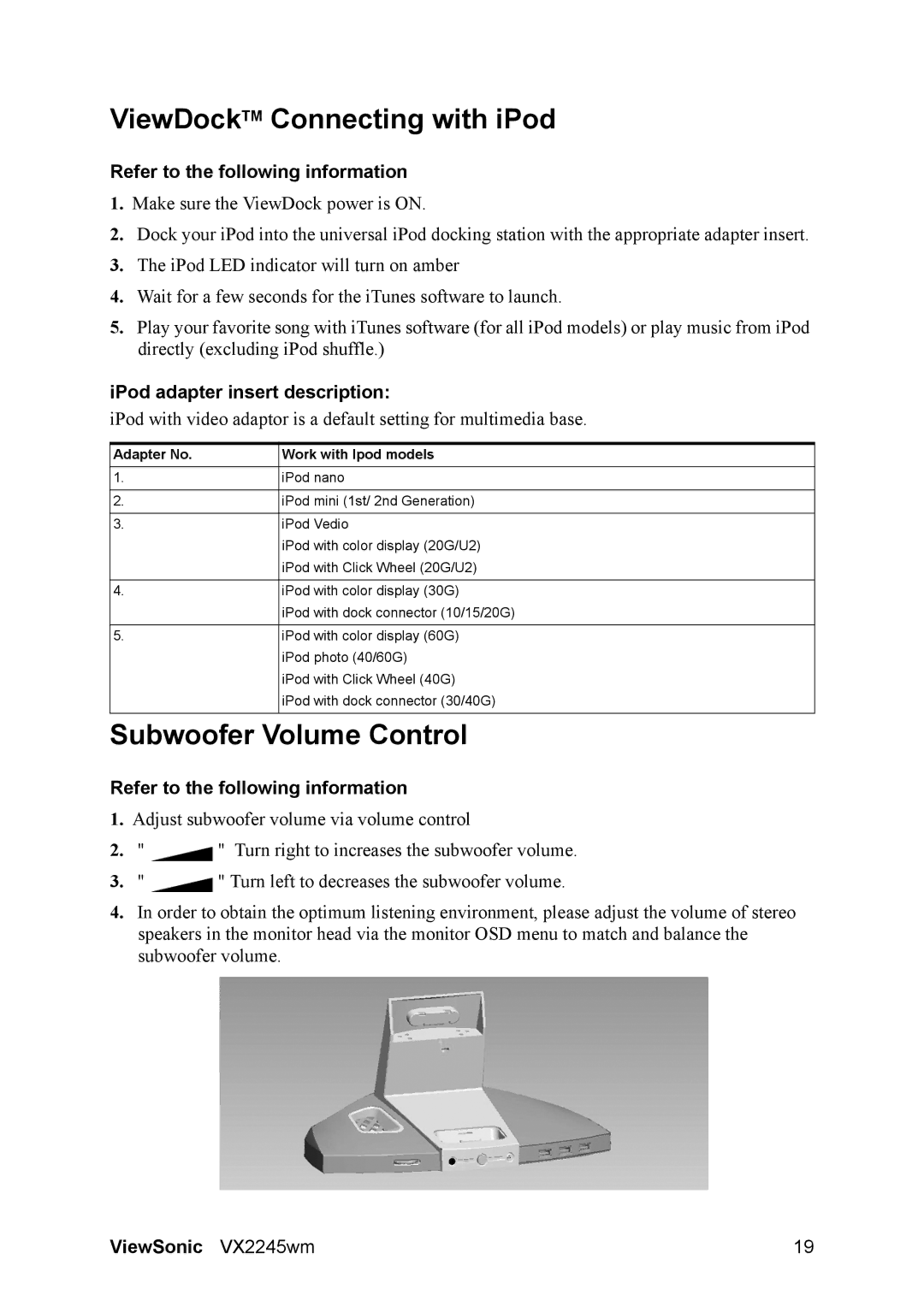 ViewSonic VS11349 manual ViewDockTM Connecting with iPod, Subwoofer Volume Control, IPod adapter insert description 