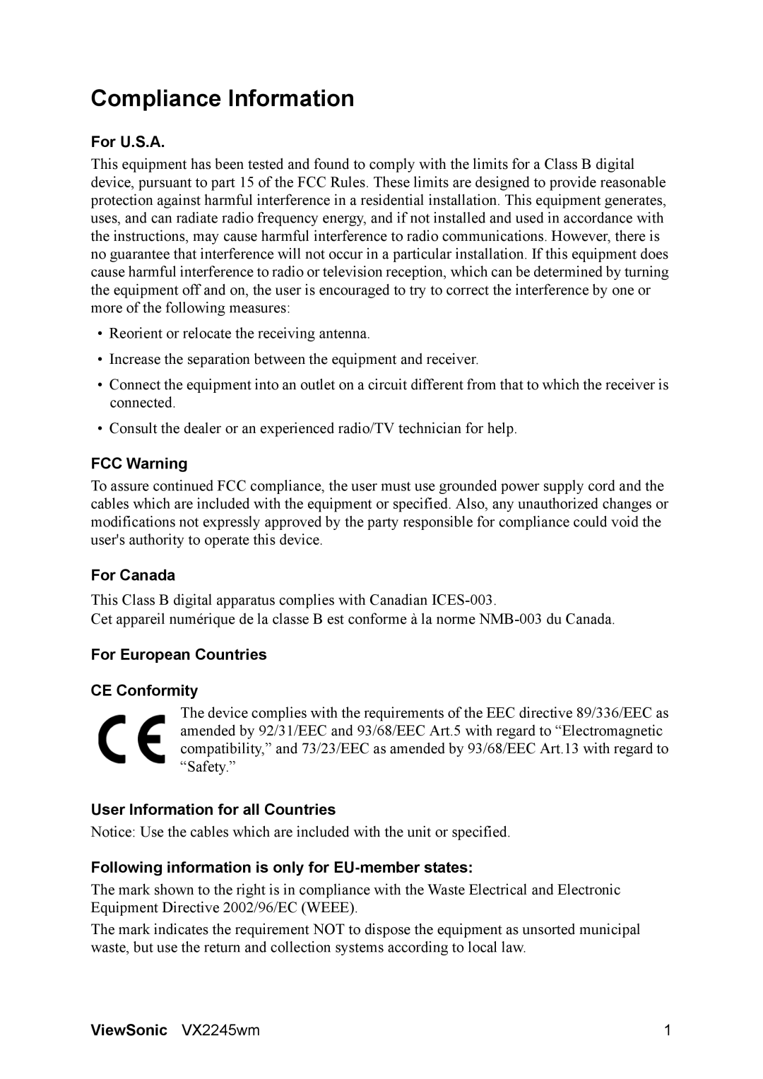 ViewSonic VS11349 manual Compliance Information, For U.S.A, FCC Warning, For Canada, For European Countries CE Conformity 