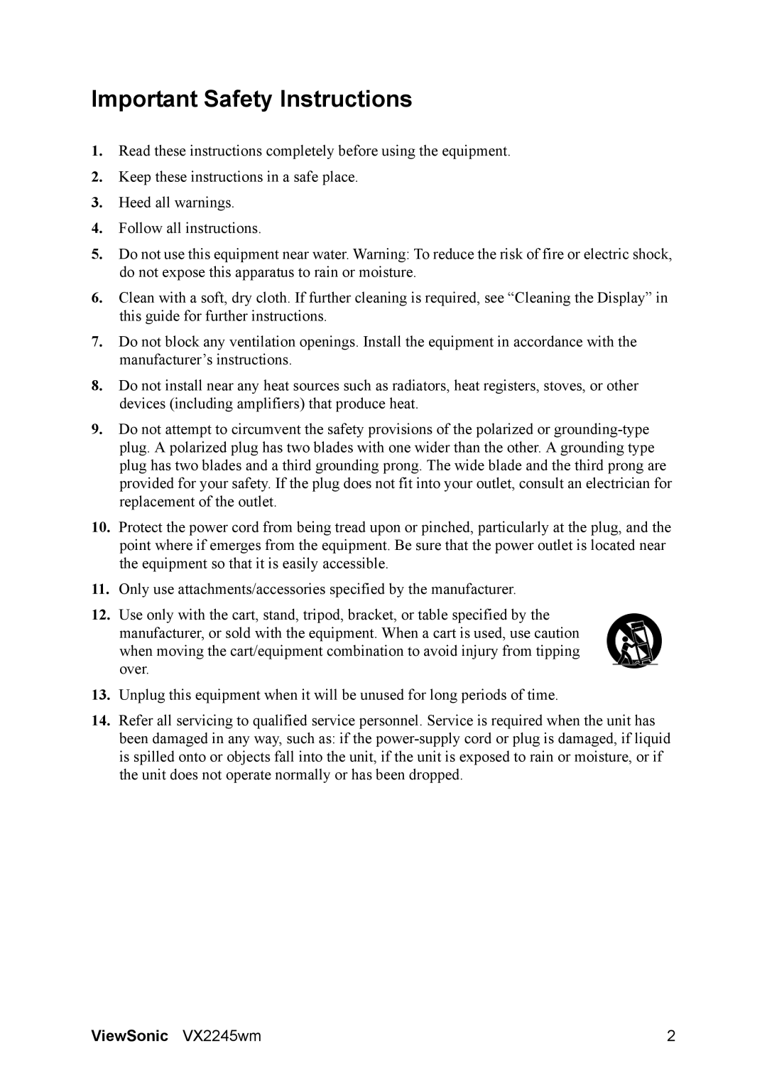 ViewSonic VS11349 manual Important Safety Instructions 