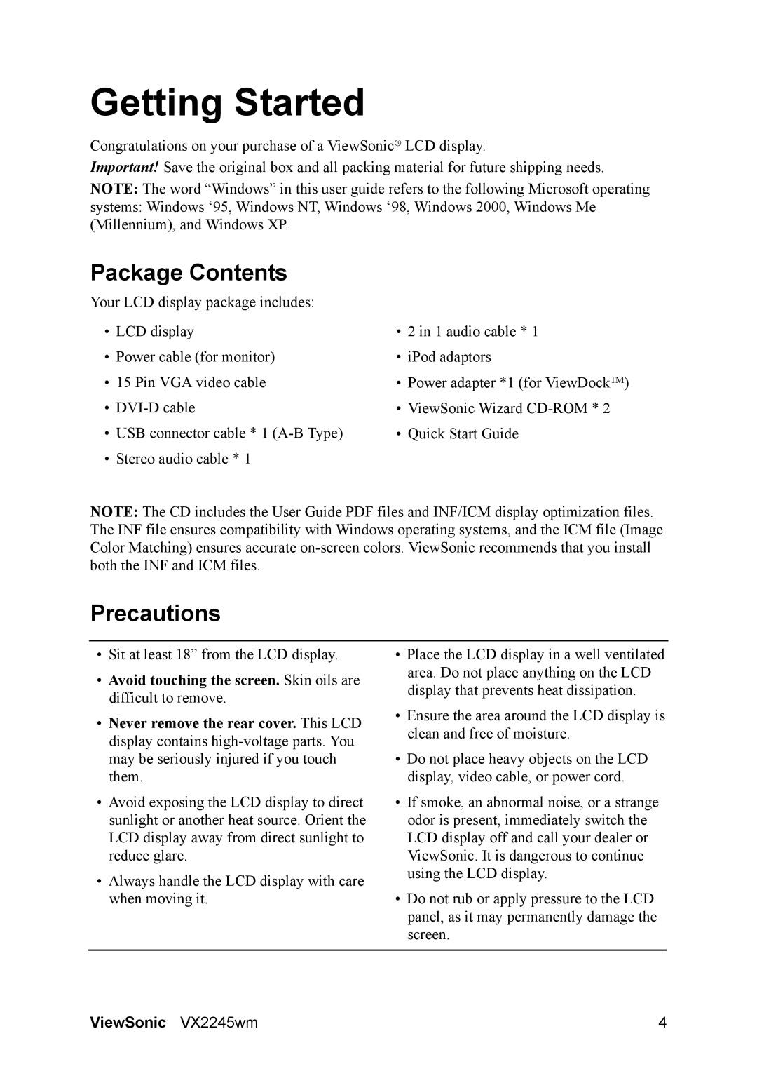 ViewSonic VS11349 manual Package Contents, Precautions 