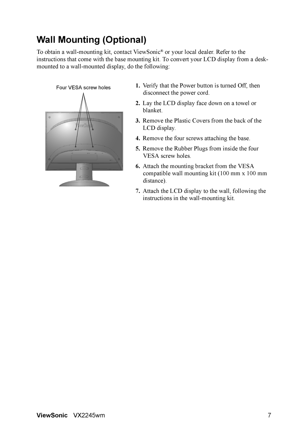 ViewSonic VS11349 manual Wall Mounting Optional 