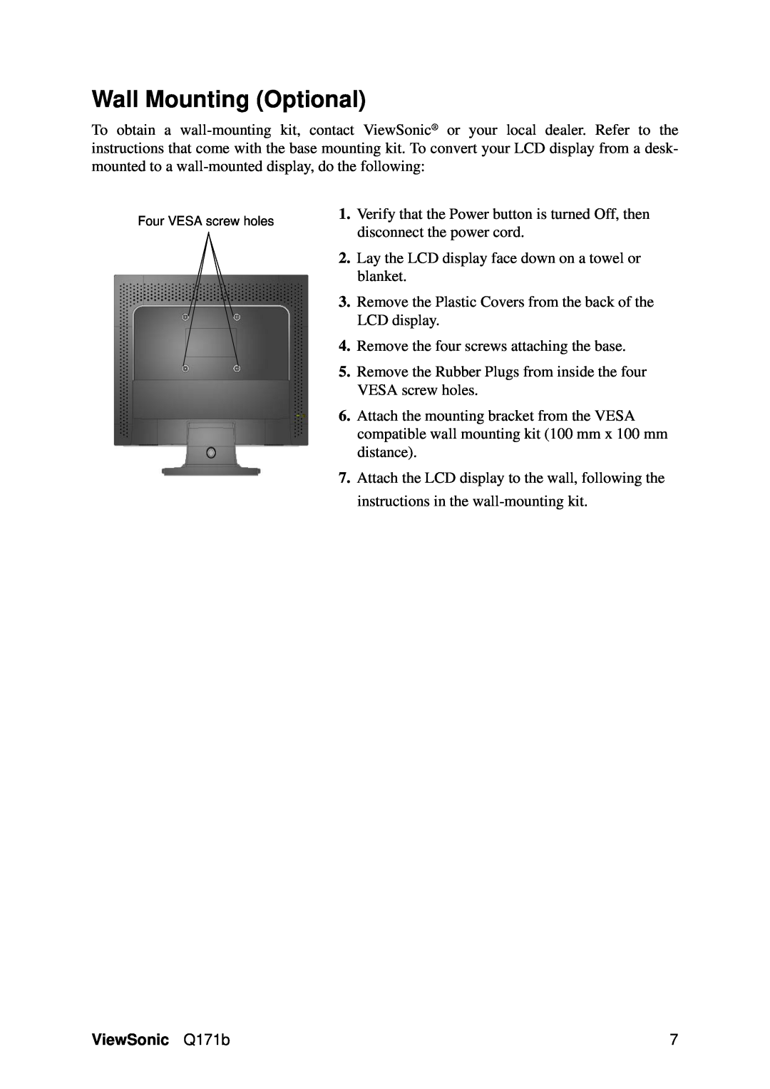ViewSonic VS11351 manual Wall Mounting Optional, ViewSonic Q171b 