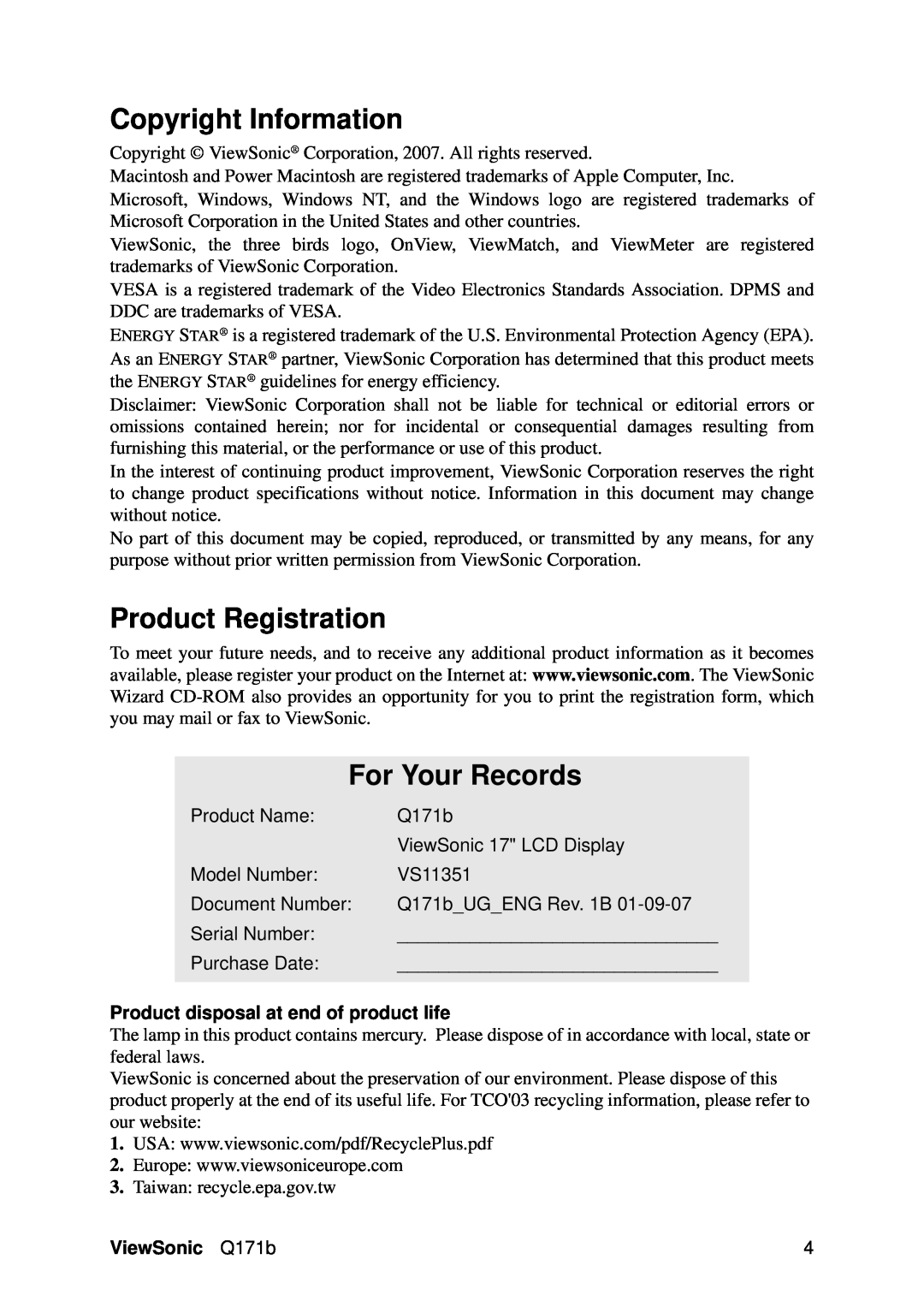 ViewSonic VS11351 Copyright Information, Product Registration, For Your Records, Product disposal at end of product life 