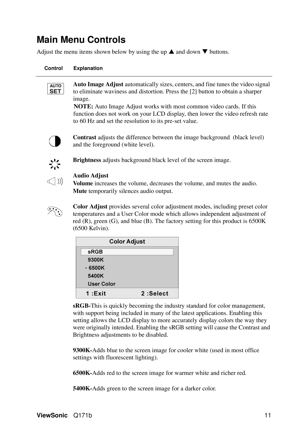 ViewSonic VS11351 manual Main Menu Controls, Audio Adjust 