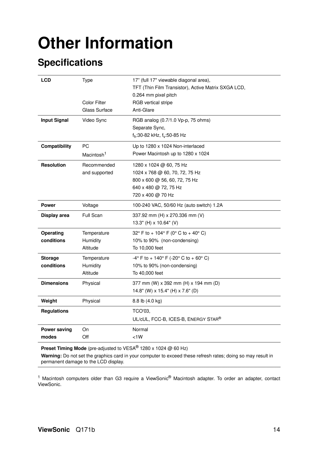 ViewSonic VS11351 manual Other Information, Specifications 