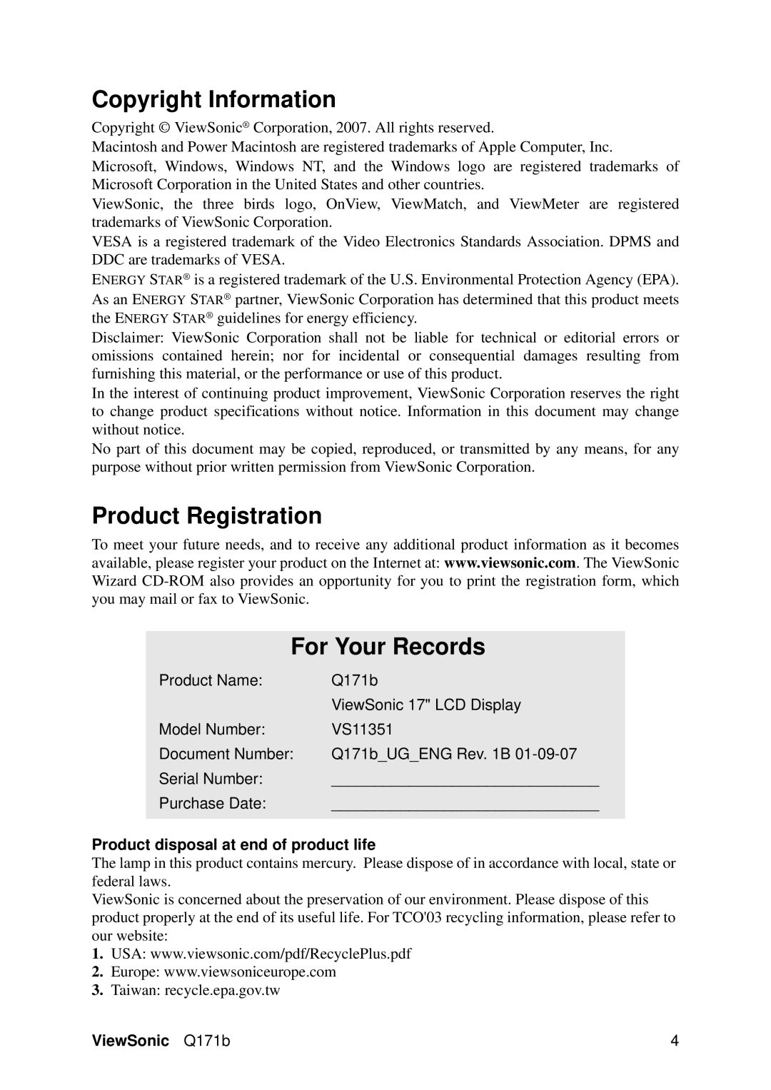 ViewSonic VS11351 Copyright Information, Product Registration For Your Records, Product disposal at end of product life 