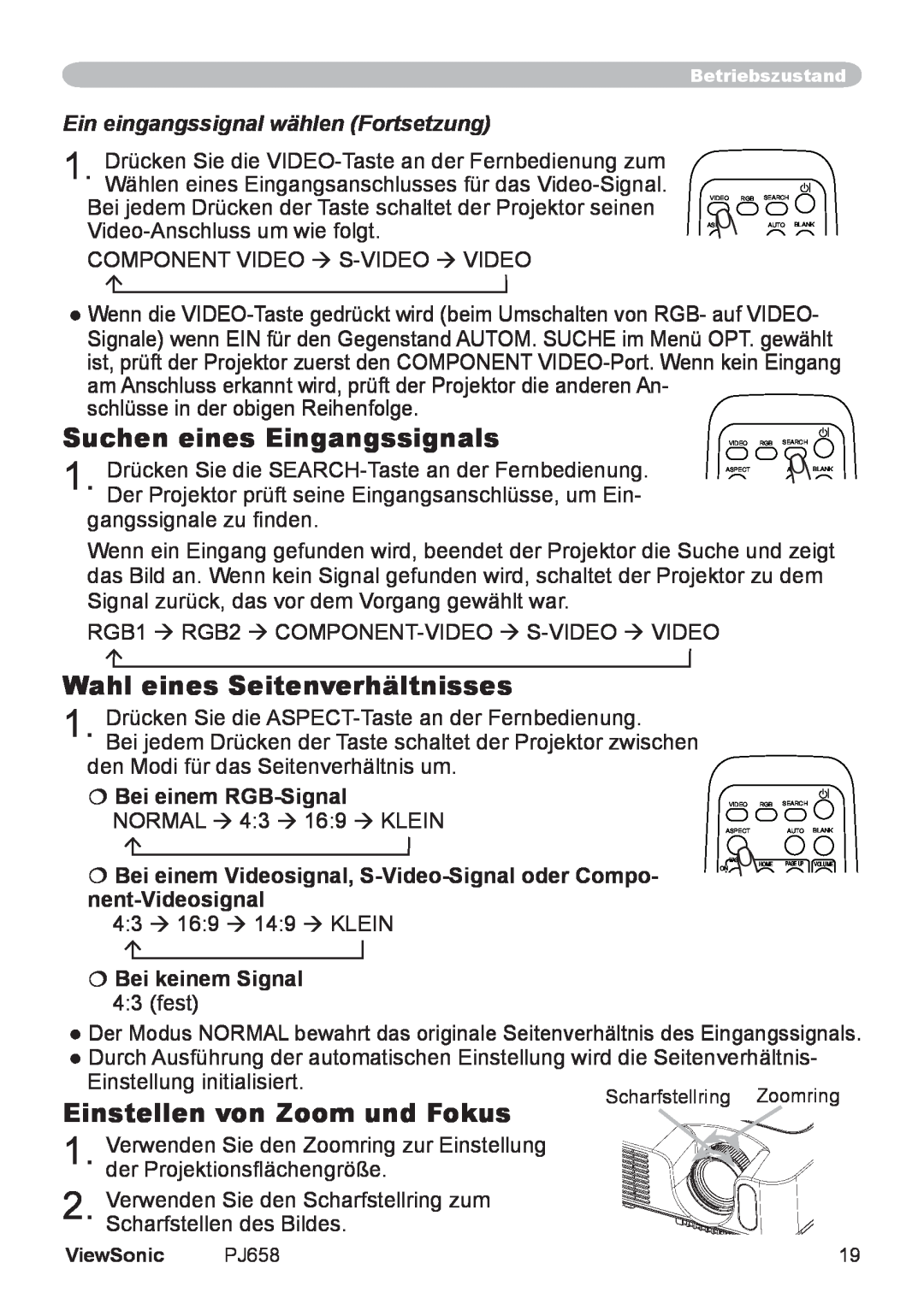ViewSonic VS11361 manual Suchen eines Eingangssignals, Wahl eines Seitenverhältnisses, Einstellen von Zoom und Fokus 