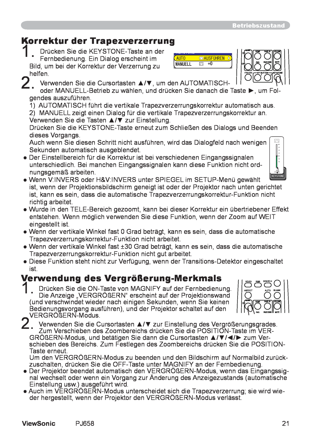 ViewSonic VS11361 manual Korrektur der Trapezverzerrung, Verwendung des Vergrößerung-Merkmals, ViewSonic 