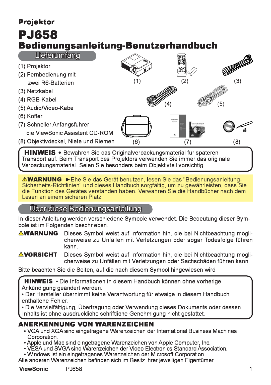 ViewSonic VS11361 Bedienungsanleitung-Benutzerhandbuch, Lieferumfang, Über diese Bedienungsanleitung, Projektor, PJ658 