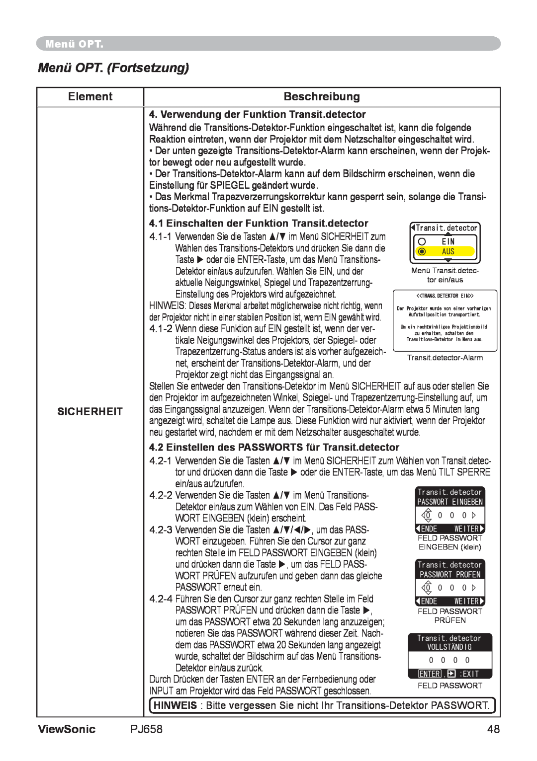 ViewSonic VS11361 manual Menü OPT. Fortsetzung, Element, Beschreibung, ViewSonic 