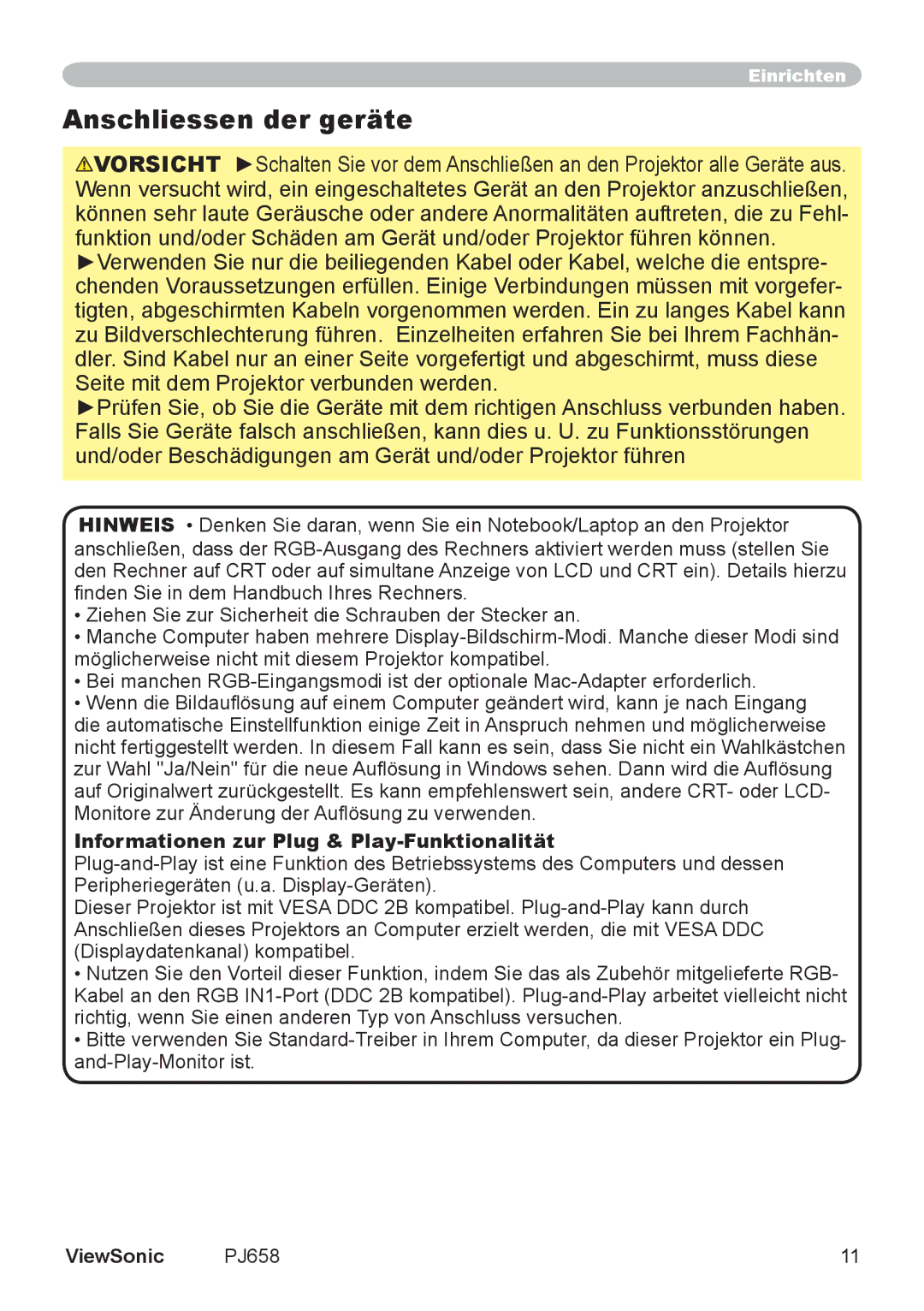 ViewSonic VS11361 manual Anschliessen der geräte, Informationen zur Plug & Play-Funktionalität 