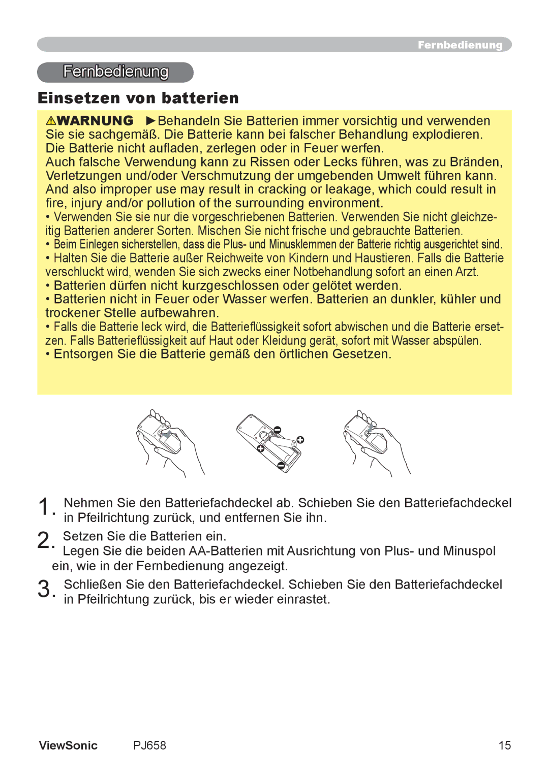 ViewSonic VS11361 manual Fernbedienung, Einsetzen von batterien 