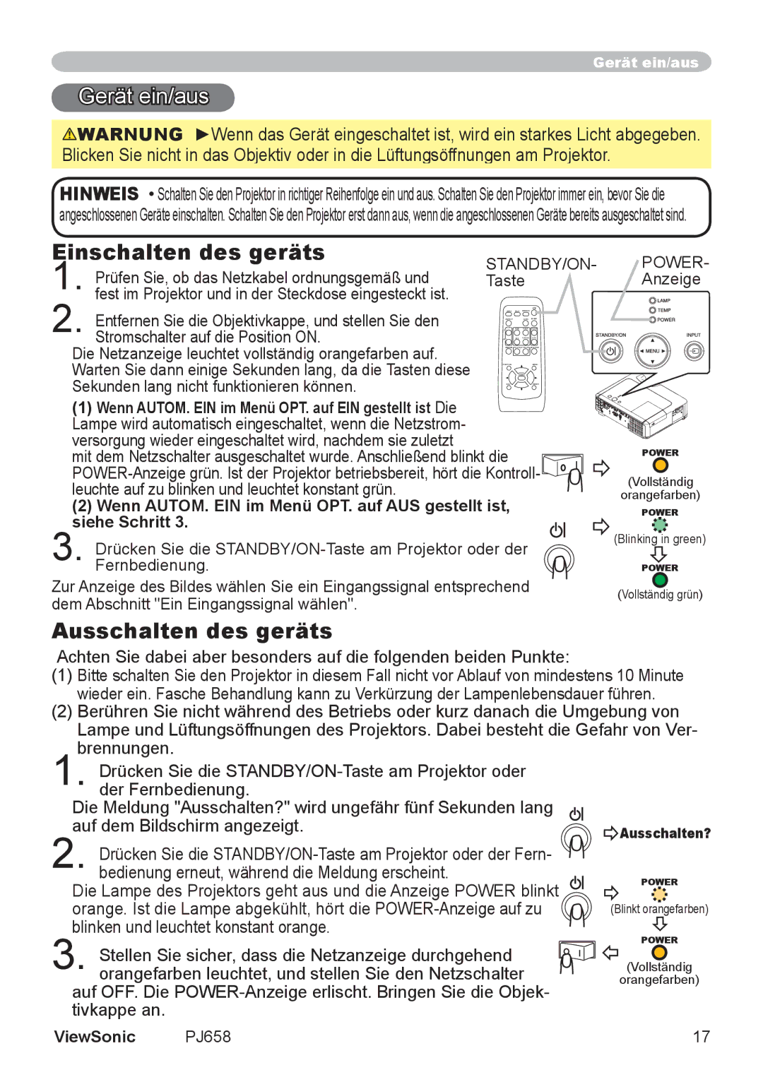 ViewSonic VS11361 manual Gerät ein/aus, Einschalten des geräts, Ausschalten des geräts 