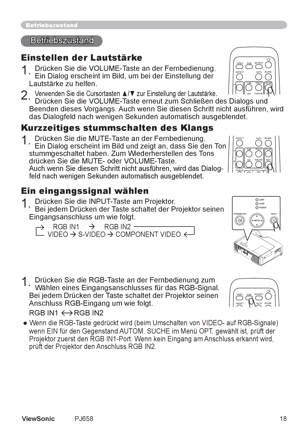 ViewSonic VS11361 manual Betriebszustand, Einstellen der Lautstärke, Kurzzeitiges stummschalten des Klangs 