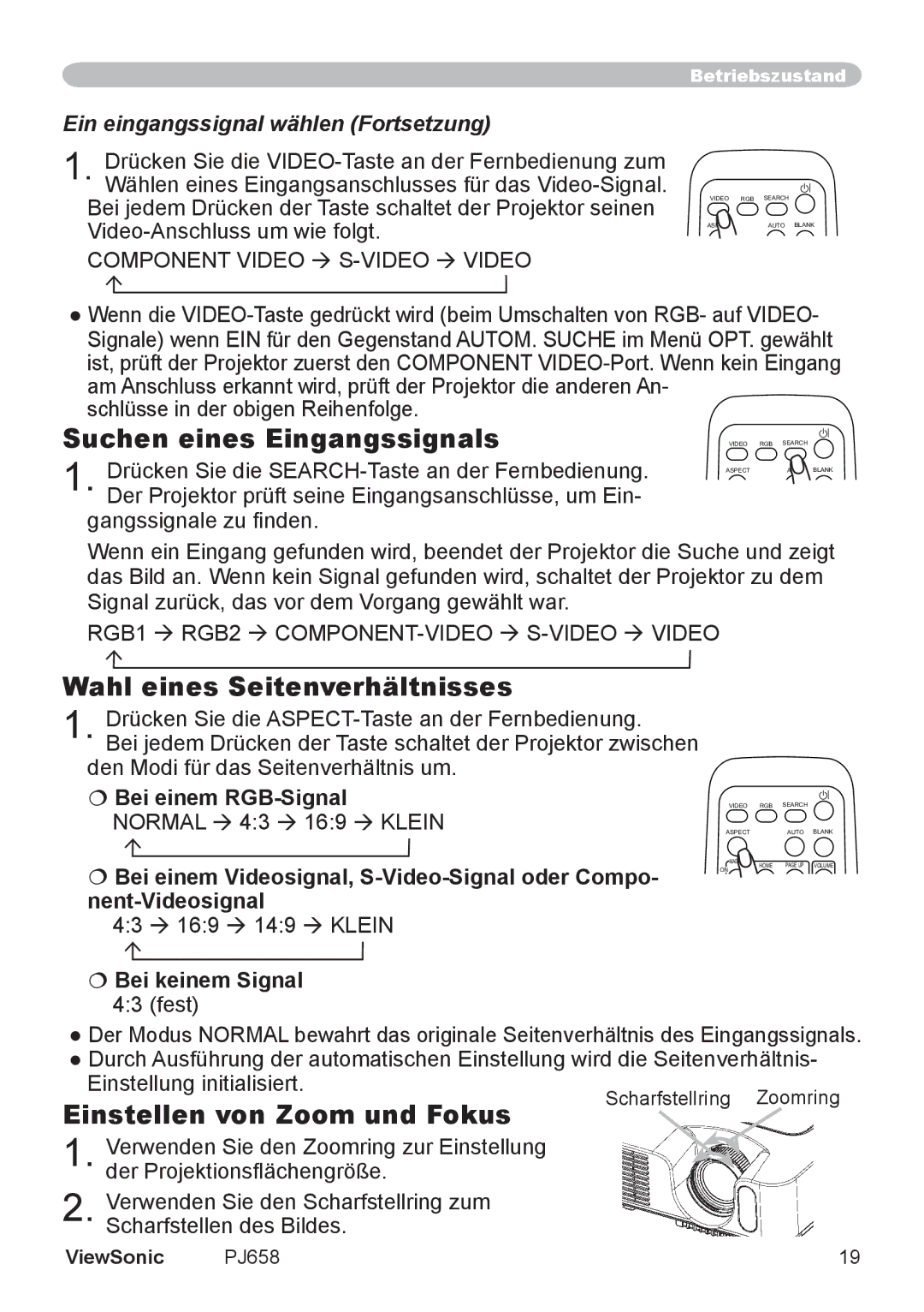 ViewSonic VS11361 manual Suchen eines Eingangssignals, Wahl eines Seitenverhältnisses, Einstellen von Zoom und Fokus 