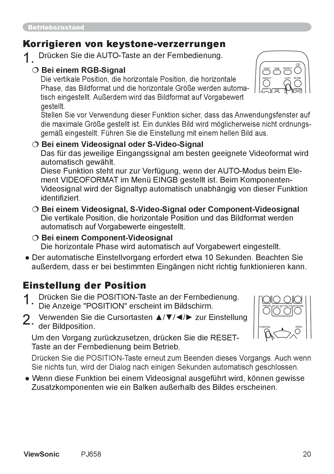 ViewSonic VS11361 manual Einstellung der Position,  Bei einem RGB-Signal,  Bei einem Videosignal oder S-Video-Signal 